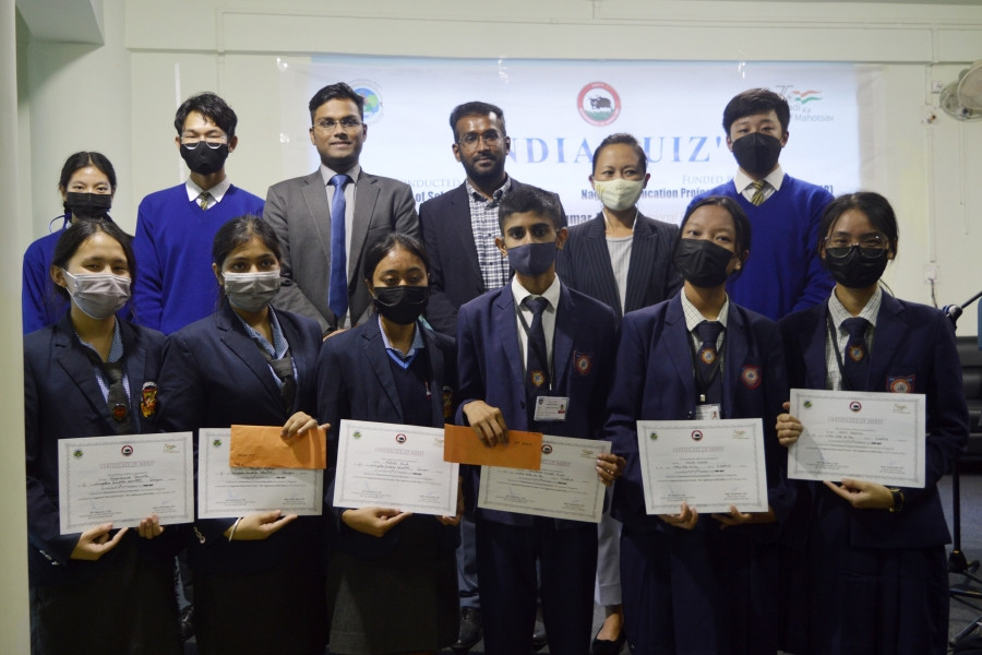 Principal Director Shanavas C is seen with department officials and winners of the ‘India Quiz’ on October 29.